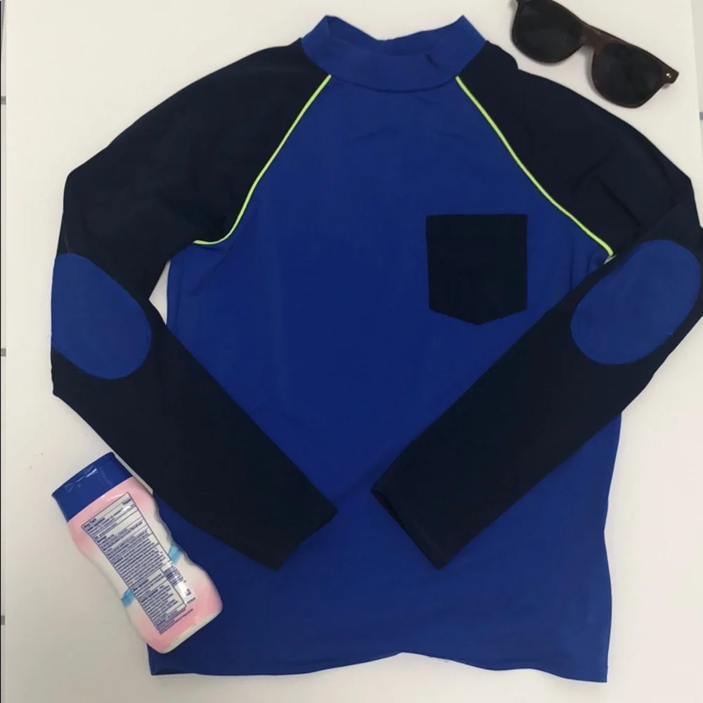 Lands’ End Kids Swim Shirt Rash Guard Blue/Navy & Neon Yellow Piping Size Small